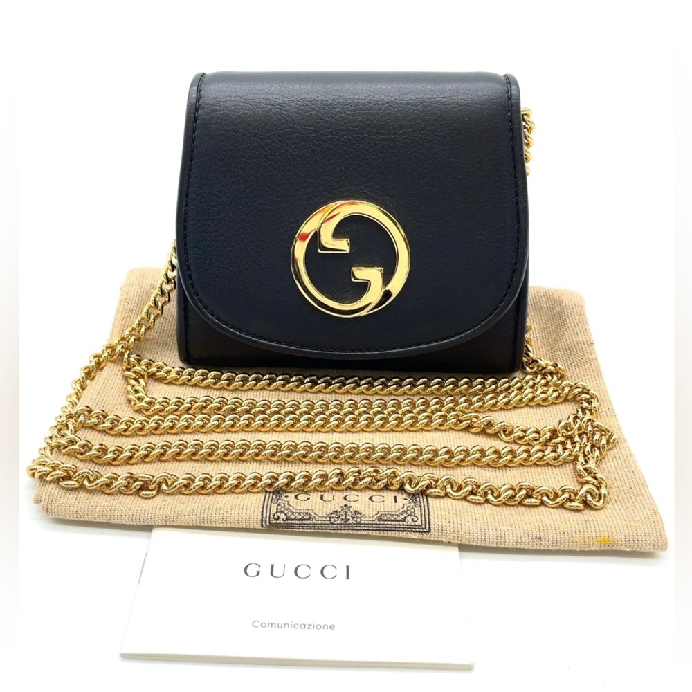 Auth Gucci Interlocking G Blondie Black Leather Chain Wallet & Dust bag